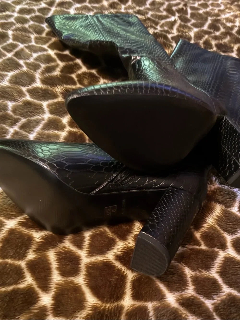 Women’s Black Snake-Embossed Block Heel Mid-Calf Boots - Picture 4 of 8